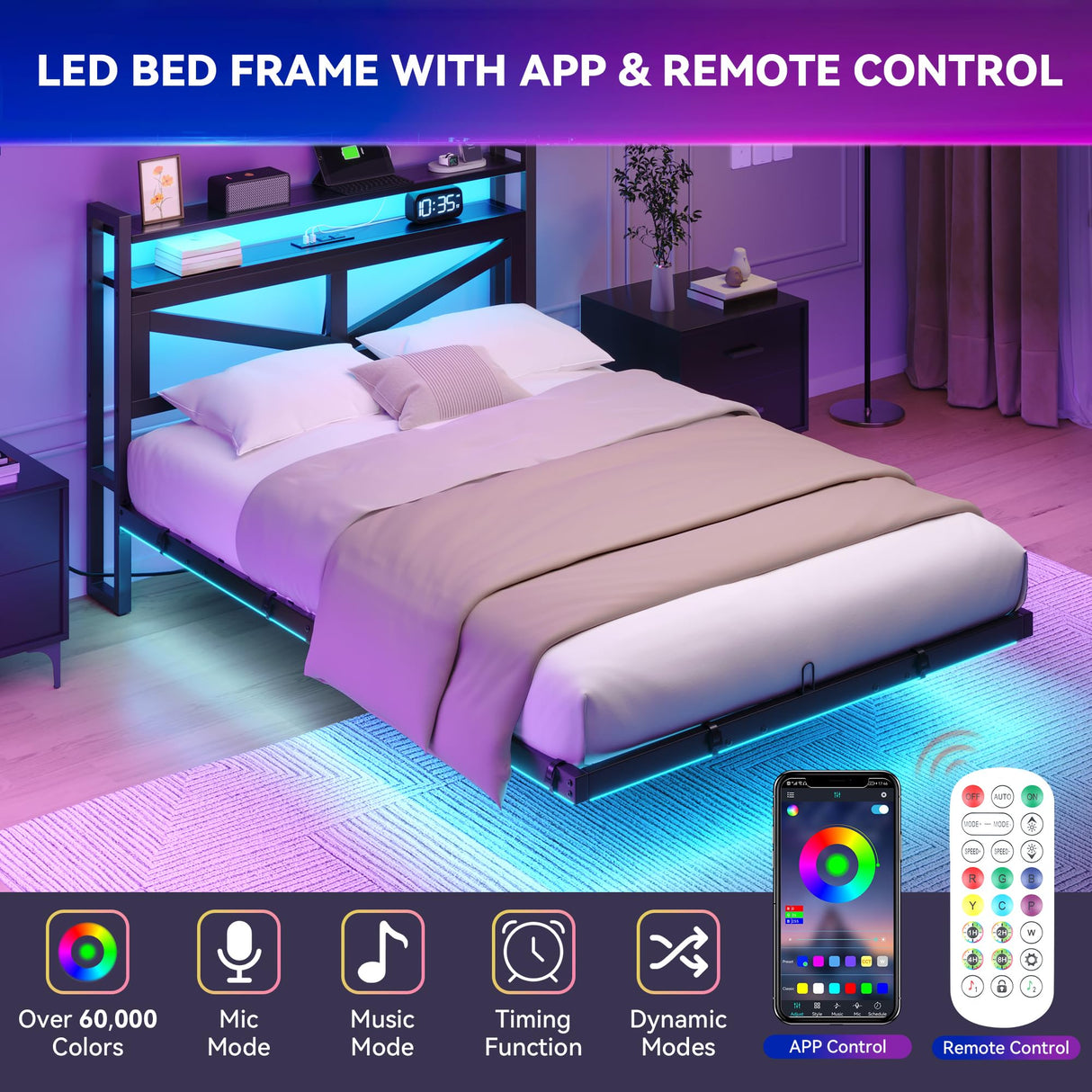 YITAHOME Full Size Floating Bed Frame with USB Charging Station Storage Headboard and with Led Light, Heavy Duty Metal Platform Bed Frame, No Box Spring Needed, Easy Assembly and Noise Free, Black YITAHOME