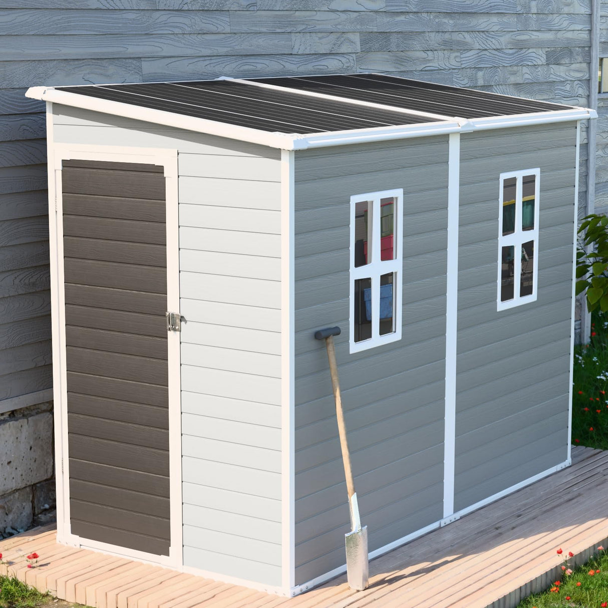 CDCASA 4x8 FT Resin Lean to Shed, Waterproof Outdoor Storage Sheds with Floor & Lockable Door & 2 Windows, Vent, Plastic Tool Shed for Outside, Backyard, Patio, Poolside, Gray CDCASA
