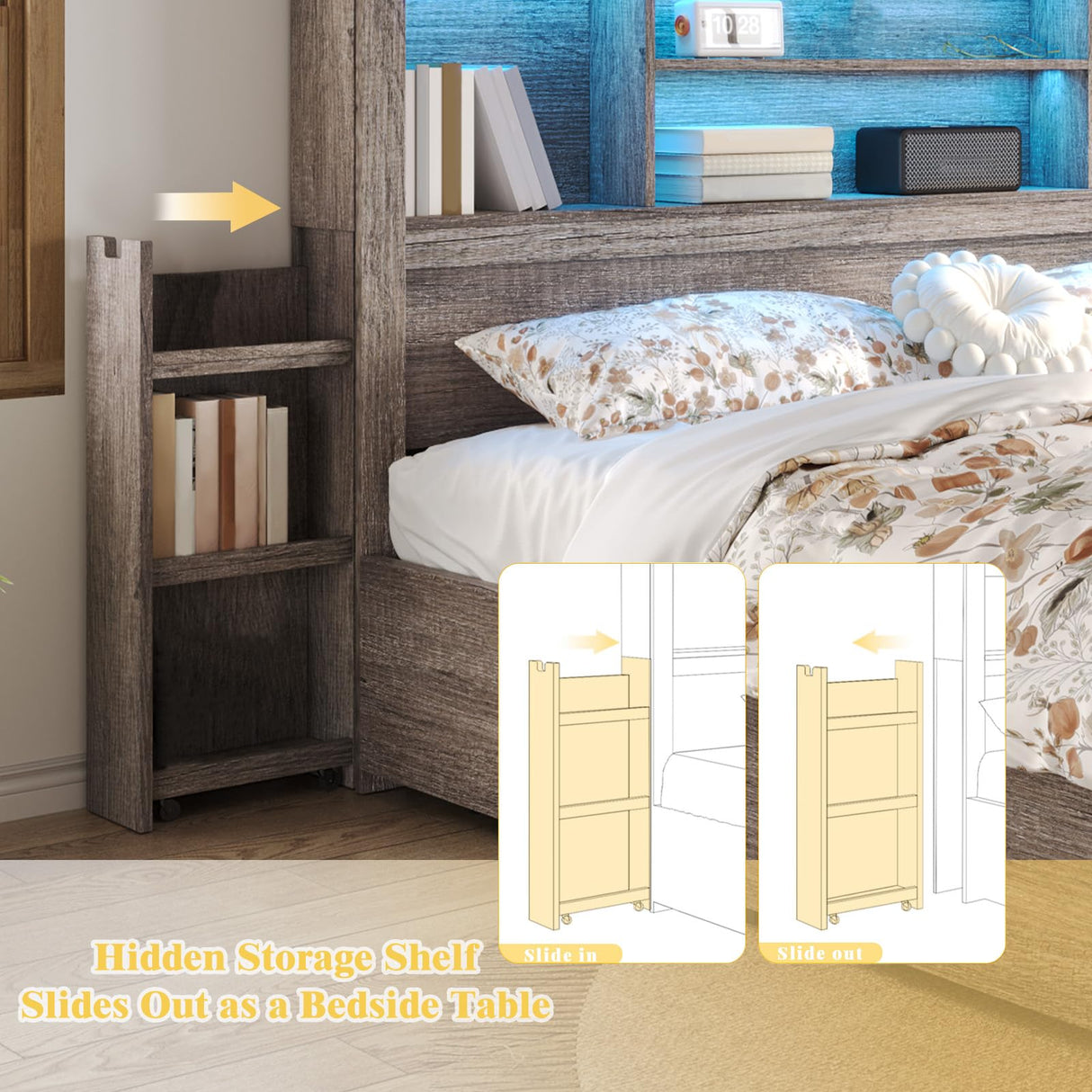 LUXOAK Full Bed Frame with 49.6" Bookcase Headboard & 2 Detachable Bedside Stoage Racks & 4 Drawers, Farmhouse Wood Bed Frame with RGB LED & Charging Station, No Box Spring Needed, Grey LUXOAK