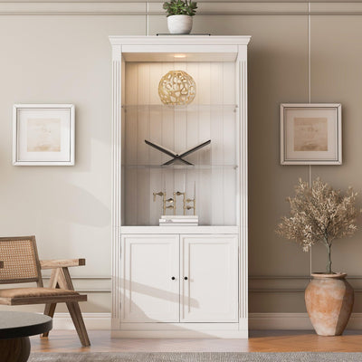 LUMISOL 78.75” Tall Bookcase with Doors, 5 Tier Large Bookshelf with Cabinet, Freestanding Display Cabinet with Glass Shelves for Home, Office, White