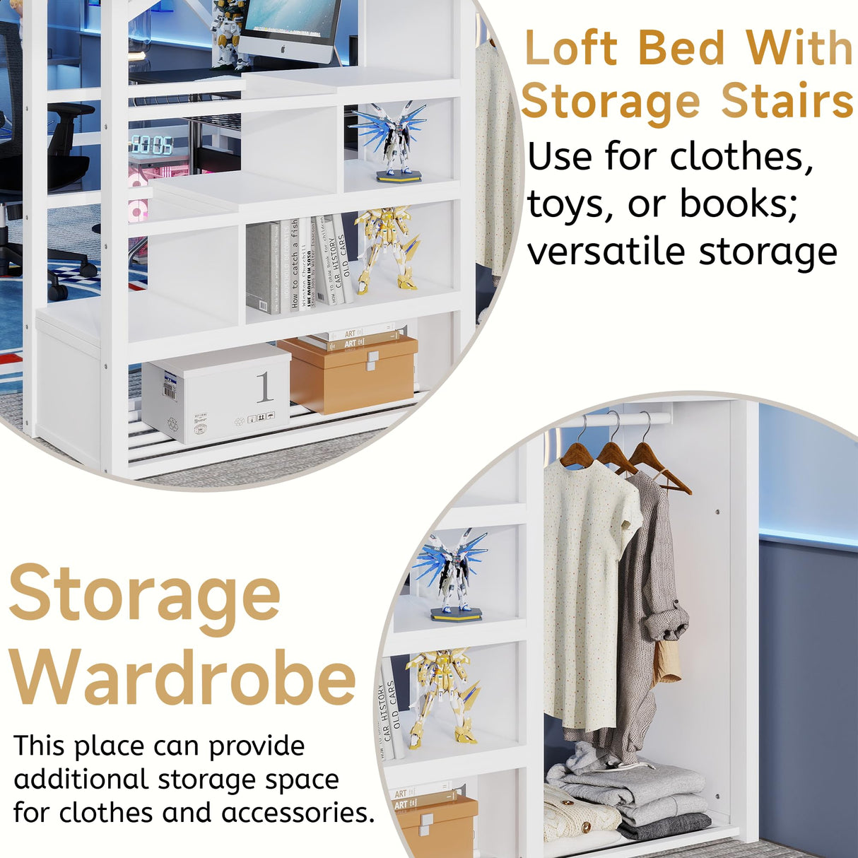 Duxelifin Queen Size Loft Bed with Staircase, Metal Loft Beds with Storage Shelves & Wardrobe, High Lofted Bed Frame, Loft Tall Bed for Boys Girls and Teens, No Box Spring Needed (White) Duxelifin