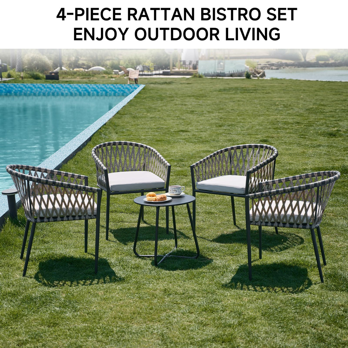 Thinlute Patio Dining Chairs Set of 4, Outdoor Rattan Wicker Chair with Armrest and Cushions, All-Weather Bistro Chairs with Curved Back for Garden, Backyard, Porch, Poolside, Deck, Gray Thinlute
