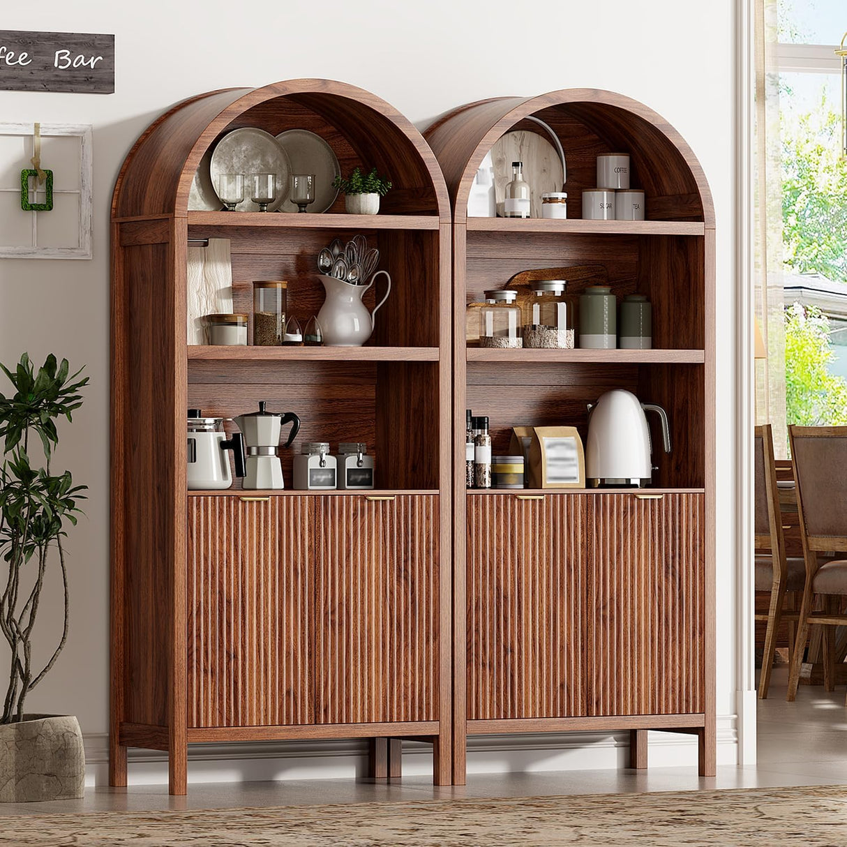 Ieejdn 71" Tall Arched Kitchen Pantry,Modern Fluted Wood Storage Cabinet with Doors,Adjustable Shelves,Organizer, Versatile Cupboard for Kitchen,Living Room,Dining Room,Bathroom,Walnut