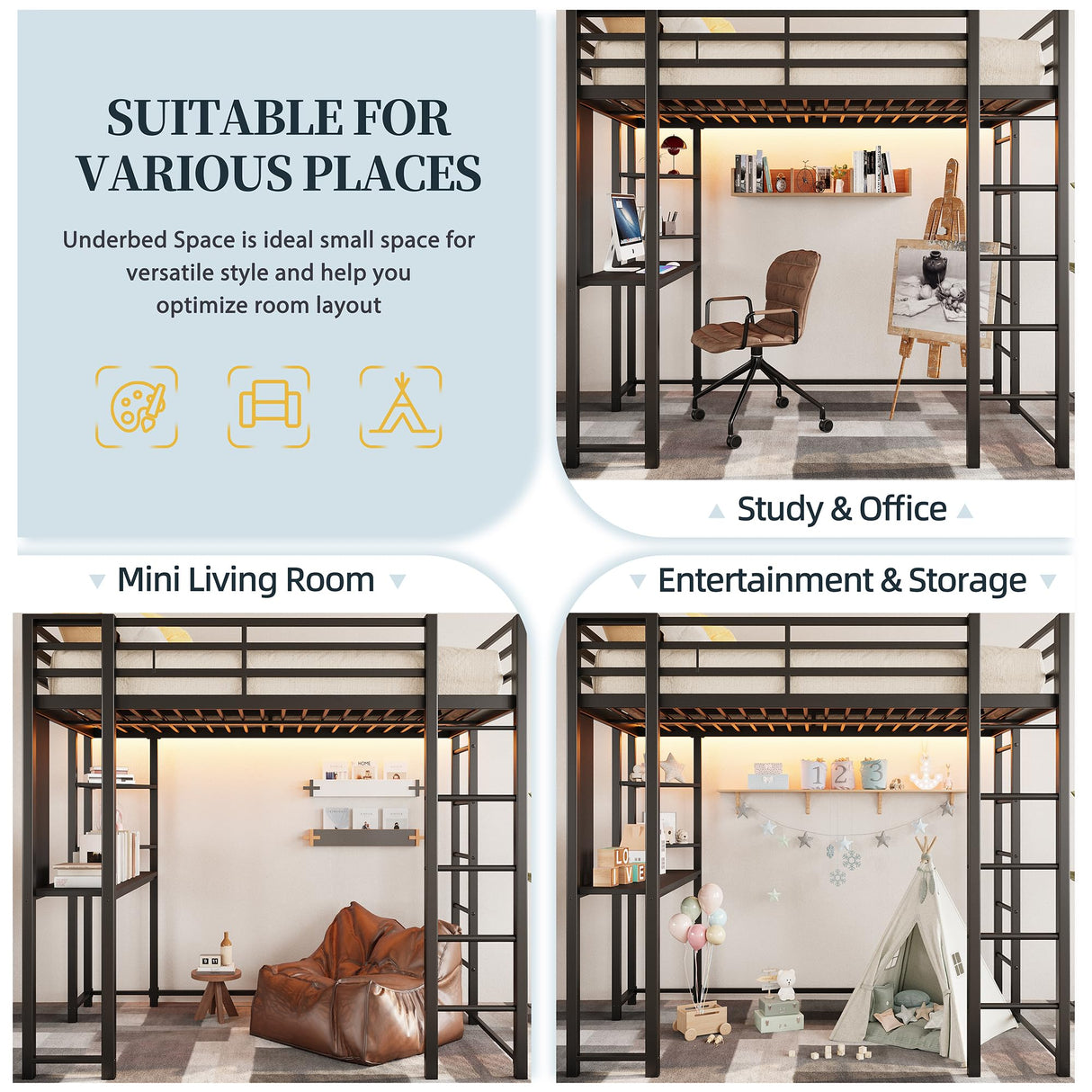 SUNLEI Loft Bed with Desk, Metal Loft Bed Full Size with 2 Built-in Ladders, with Safety Guard,Space-Saving Bed Frame, Noise Free for Small Bedroom, Black (Full Size) SUNLEI