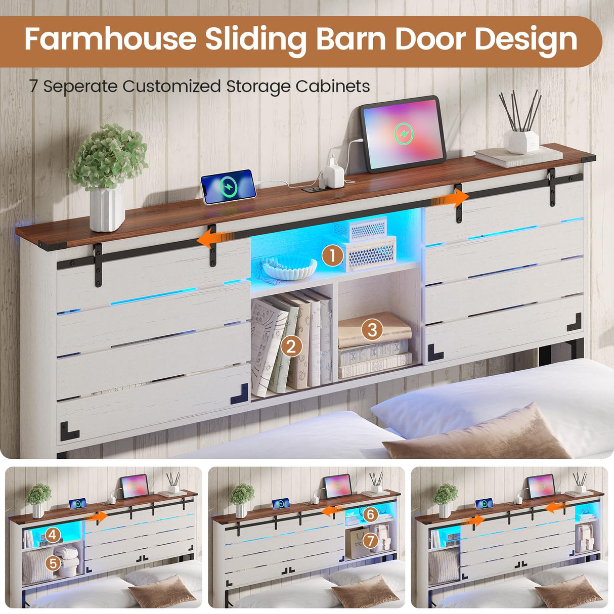 VIAGDO Wooden Bed Frame Queen Size with Bookcase Headboard and Sliding Barn Door, Farmhouse Queen Bed Frame with Charging Station, LED Lights and 4 Storage Drawers, No Box Spring Needed, White VIAGDO