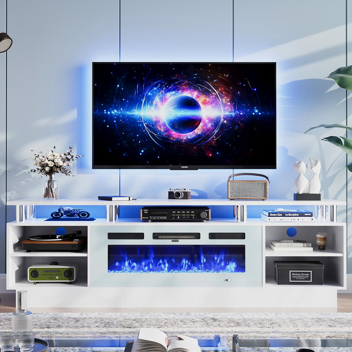 oneinmil Fireplace TV Stand with 36” Electric Fireplace, 70” 2 Tier TV Console Stand for TVs Up to 80", LED Light Entertainment Center, Fireplace for The Living Room TV Stand, White oneinmil