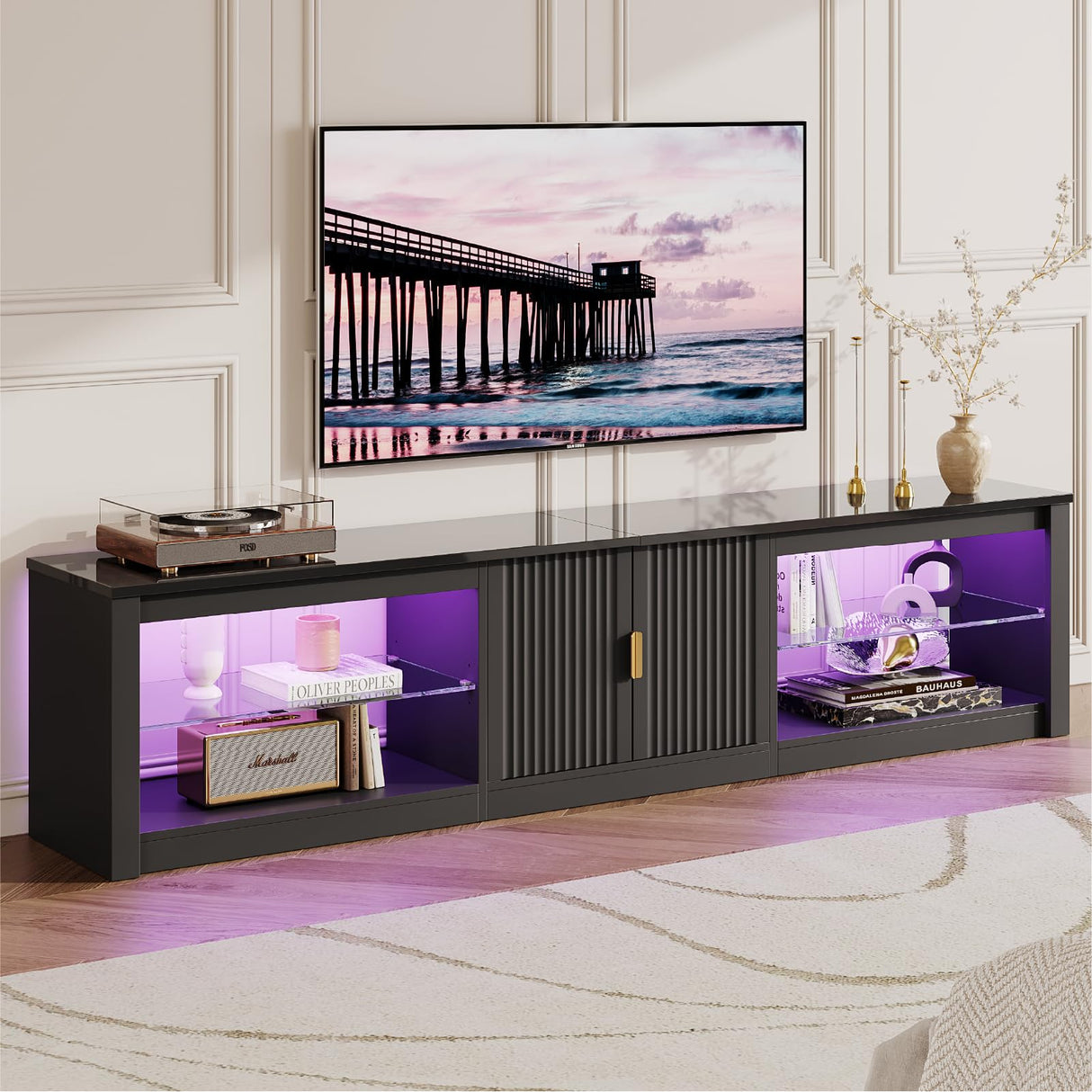 Bestier 80 Inch TV Stand for 75/85/90 inch TVs, LED Gaming Entertainment Center with Storage Cabinet & Adjustable Shelves, Modern High Gloss TV Console Table for Living Room Bedroom, Black Glossy Bestier