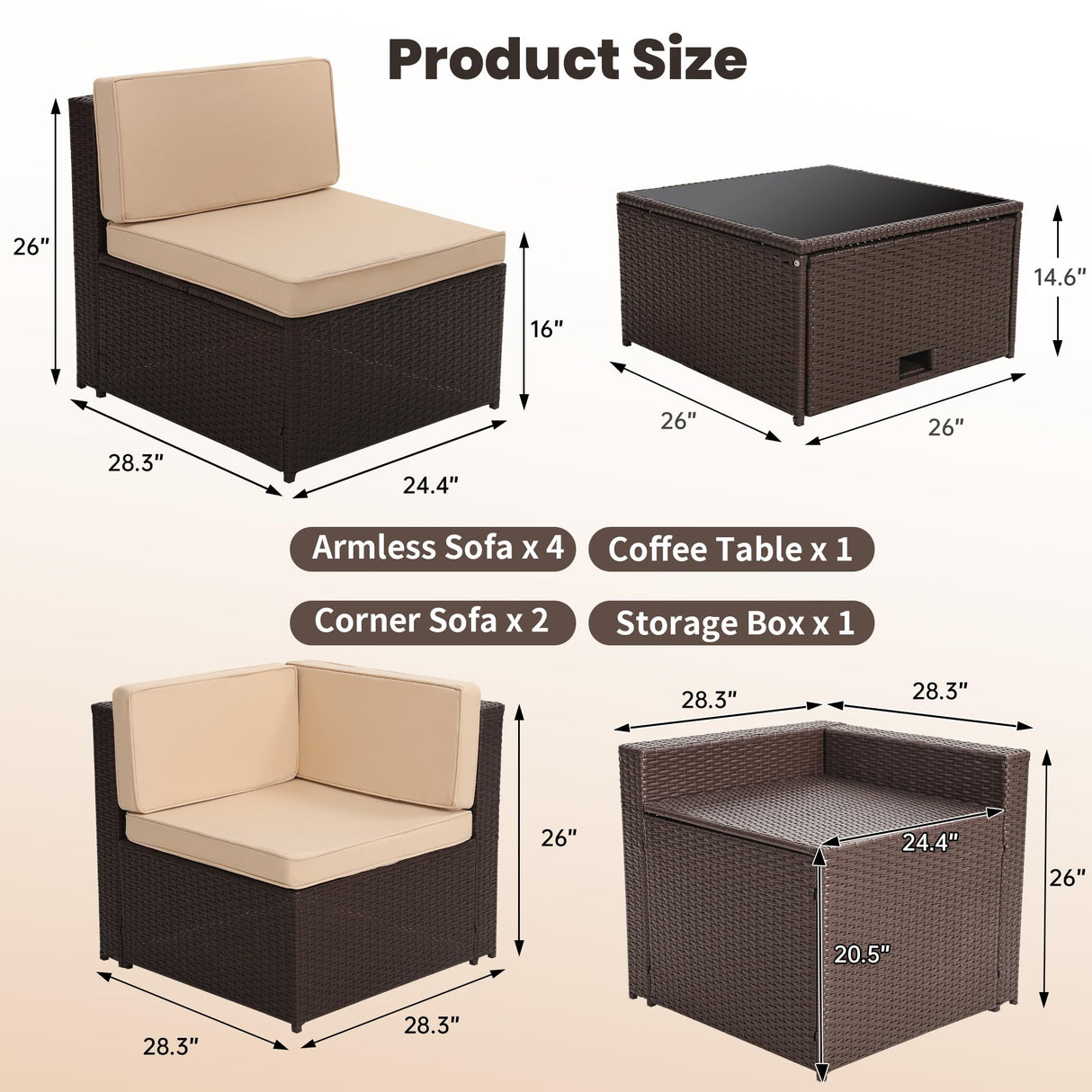 KROFEM 8 Pieces Outdoor Wicker Rattan Patio Furniture Sectional Set, Glass Top Table with Hidden Storage, 7 Sofa Sections, Oversized Cushions, Brown Color Rattan with Beige Cushion KROFEM