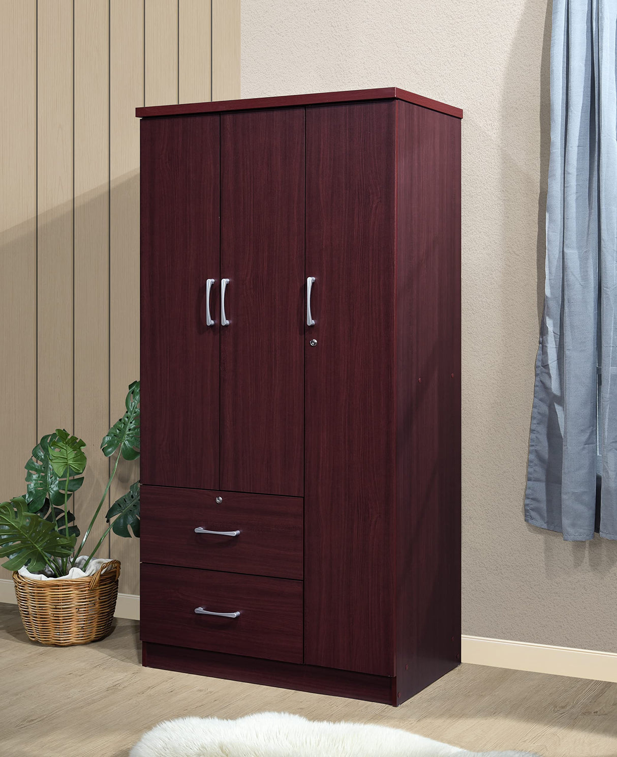 Hodedah 3-Door 2-Drawers, 3-Shelves in Mahogany Bedroom Armoires Hodedah