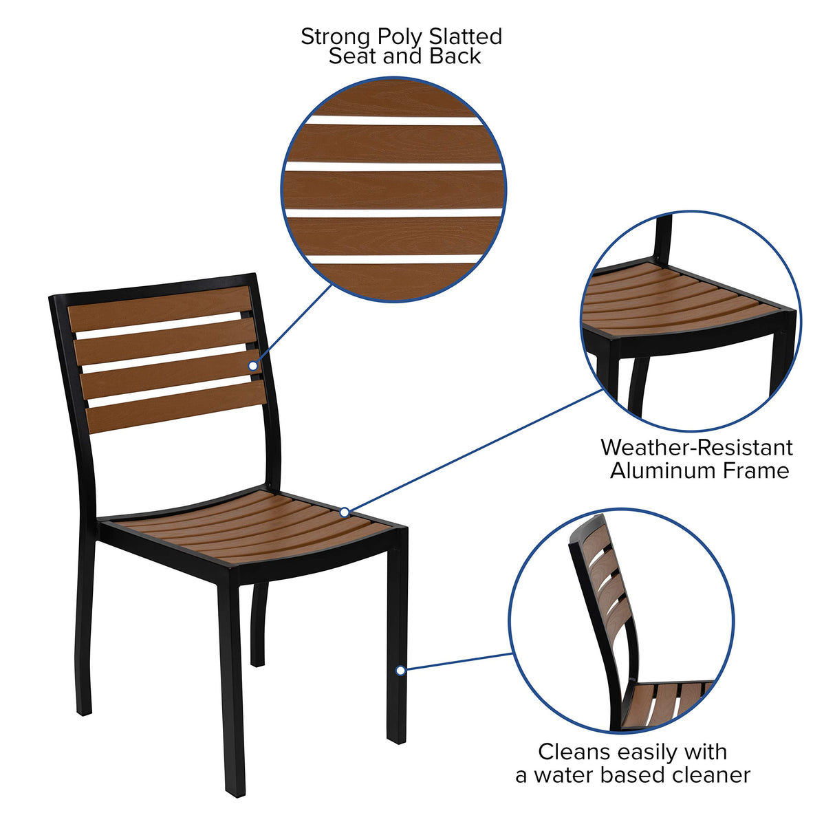 Merrick Lane Calle Patio Dining Set - Five Piece Set - Synthetic Teak Poly Slats - 30" x 48" Steel Framed Table with Umbrella Hole - 4 Club Chairs Merrick Lane