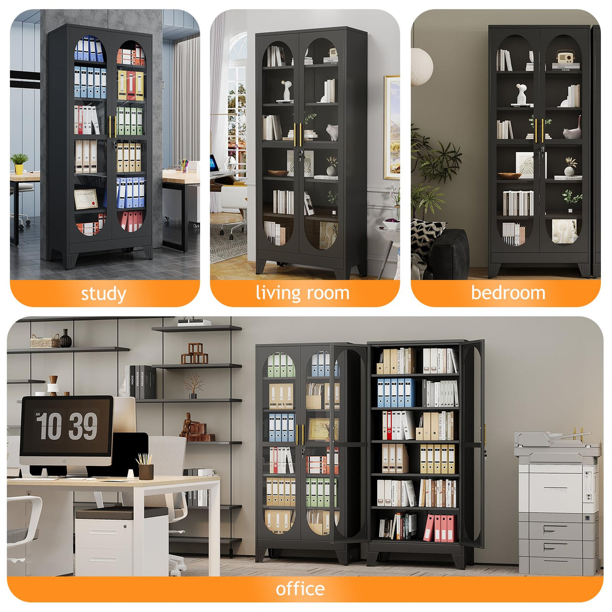 PAOFIN 75" H Locking Display Cabinet with Glass Door, Metal Curio Cabinets with 5 Adjustable Shelves, Tall Liquor Cabinet Display Case for Living Room, Wine, Clinic, Home - Assembly Required Black PAOFIN