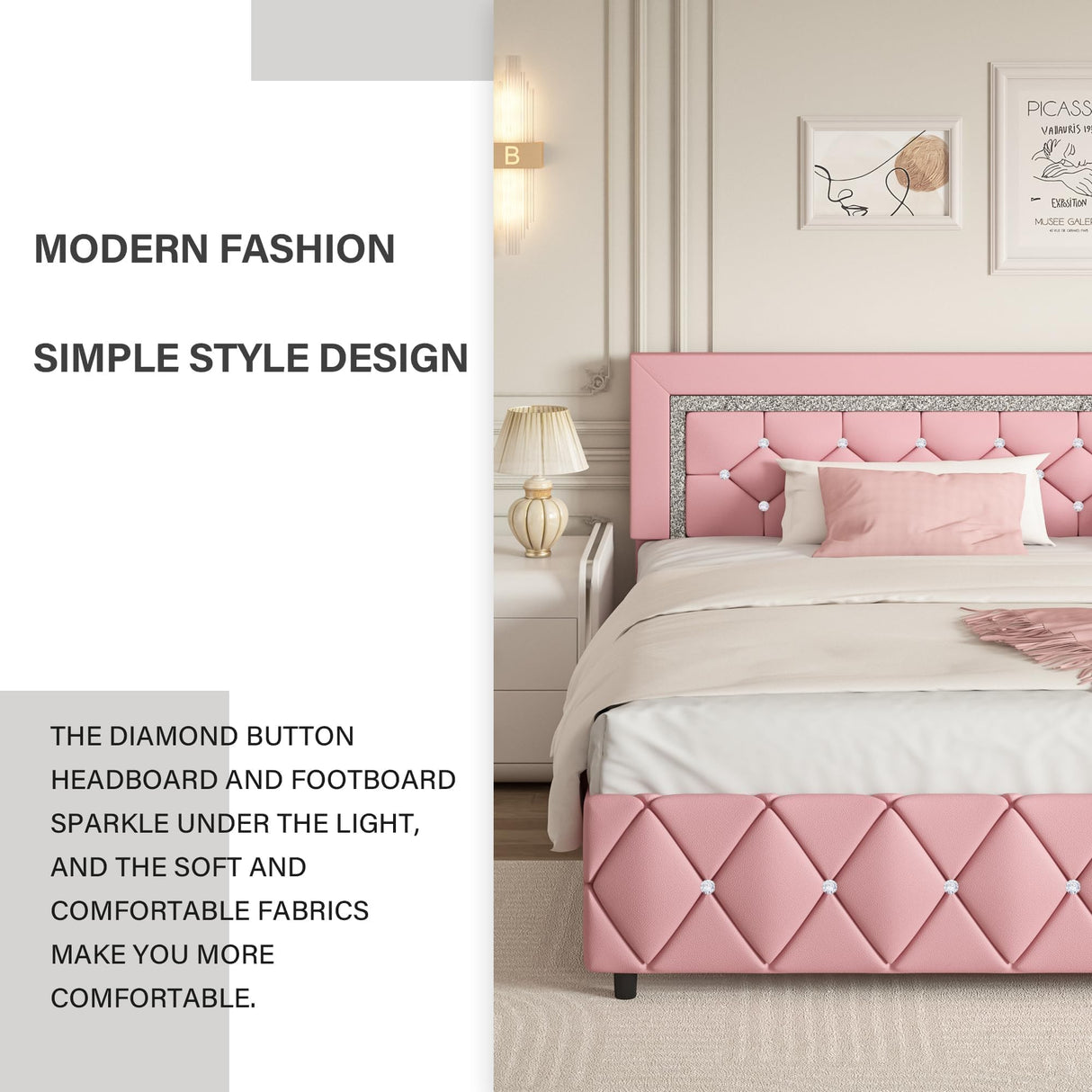 King Size Bed Frame, Faux Leather Upholstered Bed with Diamond Tufted Headboard, Modern King Size Bed with Wooden Slats Support, No Box Spring Required, Easy Assembly, Pink BarnFurin