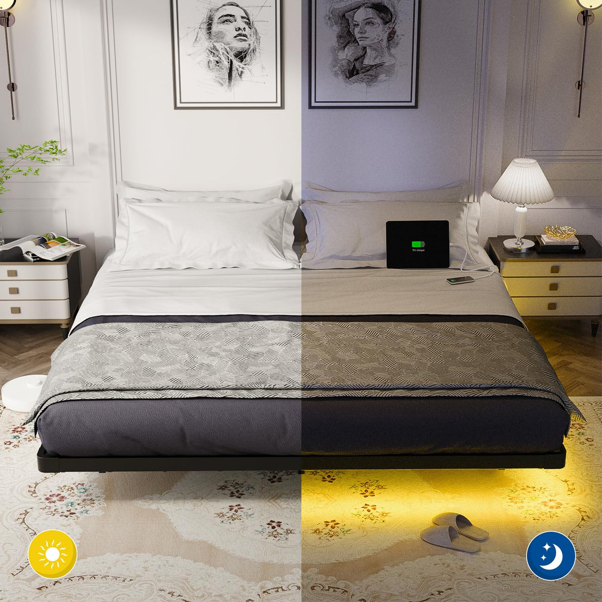 OLEVS King Size Floating Bed Frame, Metal Platform, with LED Light and Charging Station, No Box Spring Needed, Noise-Free, Easy Assembly OLEVS