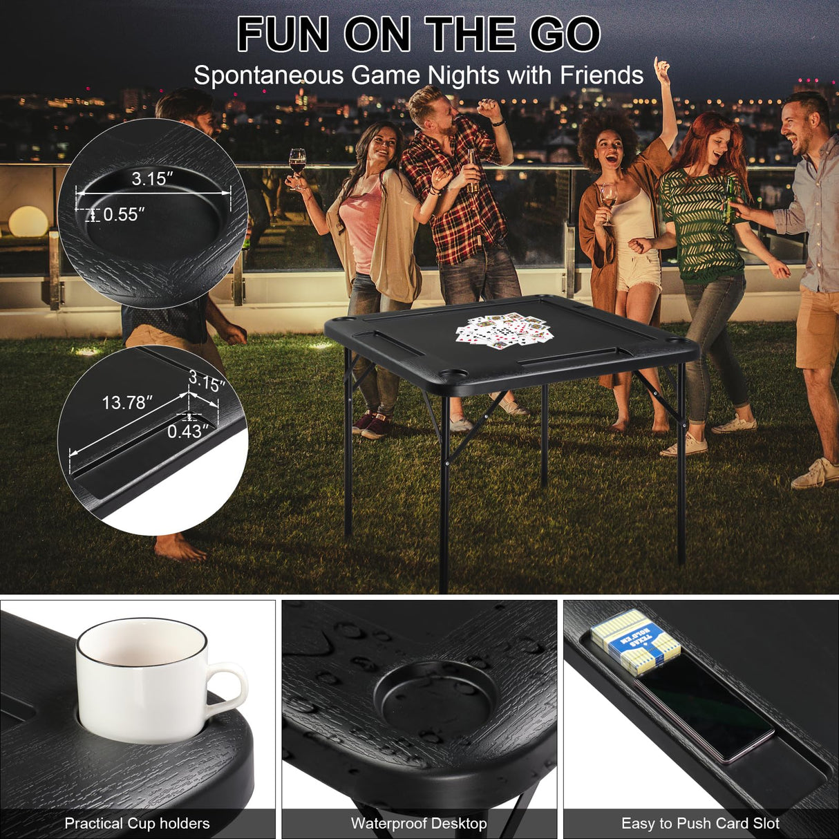 Ktaxon 35" Mahjong Table, Domino Folding Square Tables Set Suitable for Indoor Outdoor Game, Card Poker & Puzzle with 4 Cup Holder and Chip Trays, Adults, Black Ktaxon