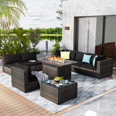 GREZJXC 8 Pieces Outdoor Sectional Patio Furniture Set with Fire Pit Table,PE Rattan Wicker Patio Sectional Conversation Set with Cushions and Glass Coffee Table Black