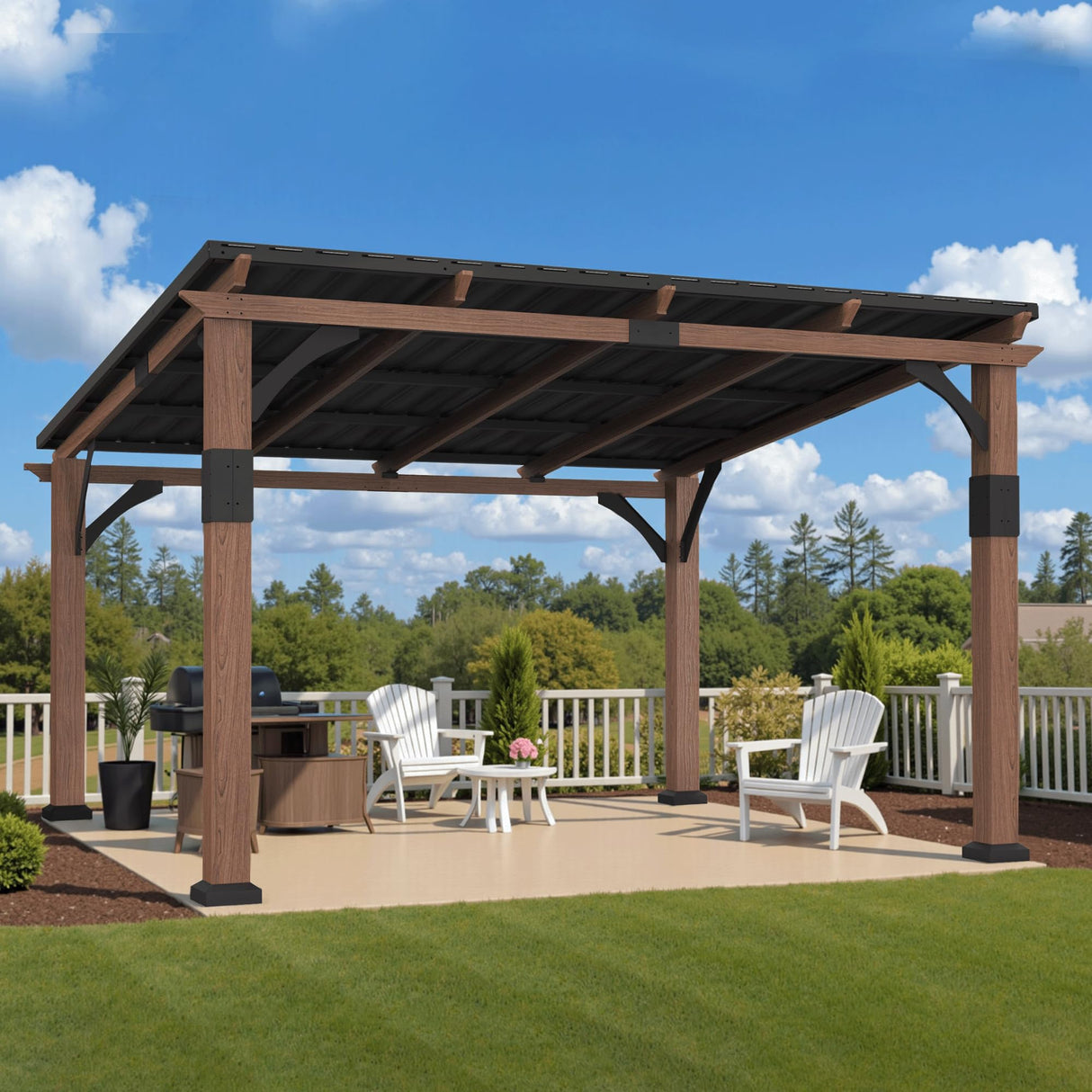 Macrout 12'x14' Outdoor Gazebo, Heavy Duty Pergola with Sloped Metal Roof and Aluminum Frame, Permanent Gazebos for Patio, Decks, Backyard, Garden, 4756 (Sloped Roof + Brown Frame, 12'x14') M MACROUT