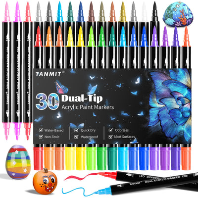 30 Colors Acrylic Paint Pens, Dual Tip Acrylic Paint Markers with Brush Tip and Fine Tip, Acrylic Pens for Rock Painting, Wood, Canvas, Stone, Glass, Ceramic,DIY Crafts Making Art Supplies