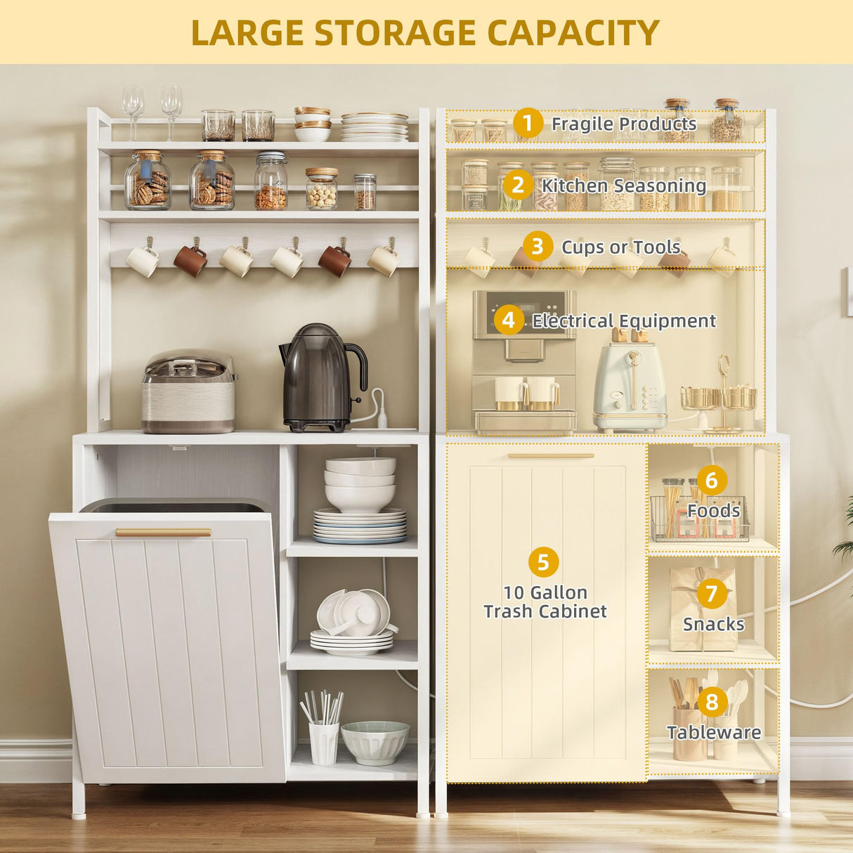 DWVO White Bakers Rack with Trash Can Bin Cabinet and Power Outlet, Microwave Stand Cabinet with 6 Hooks, 6-Tiers Farmhouse Kitchen Tall Thickened Coffee Bar Table Station with Storage Shelf DWVO