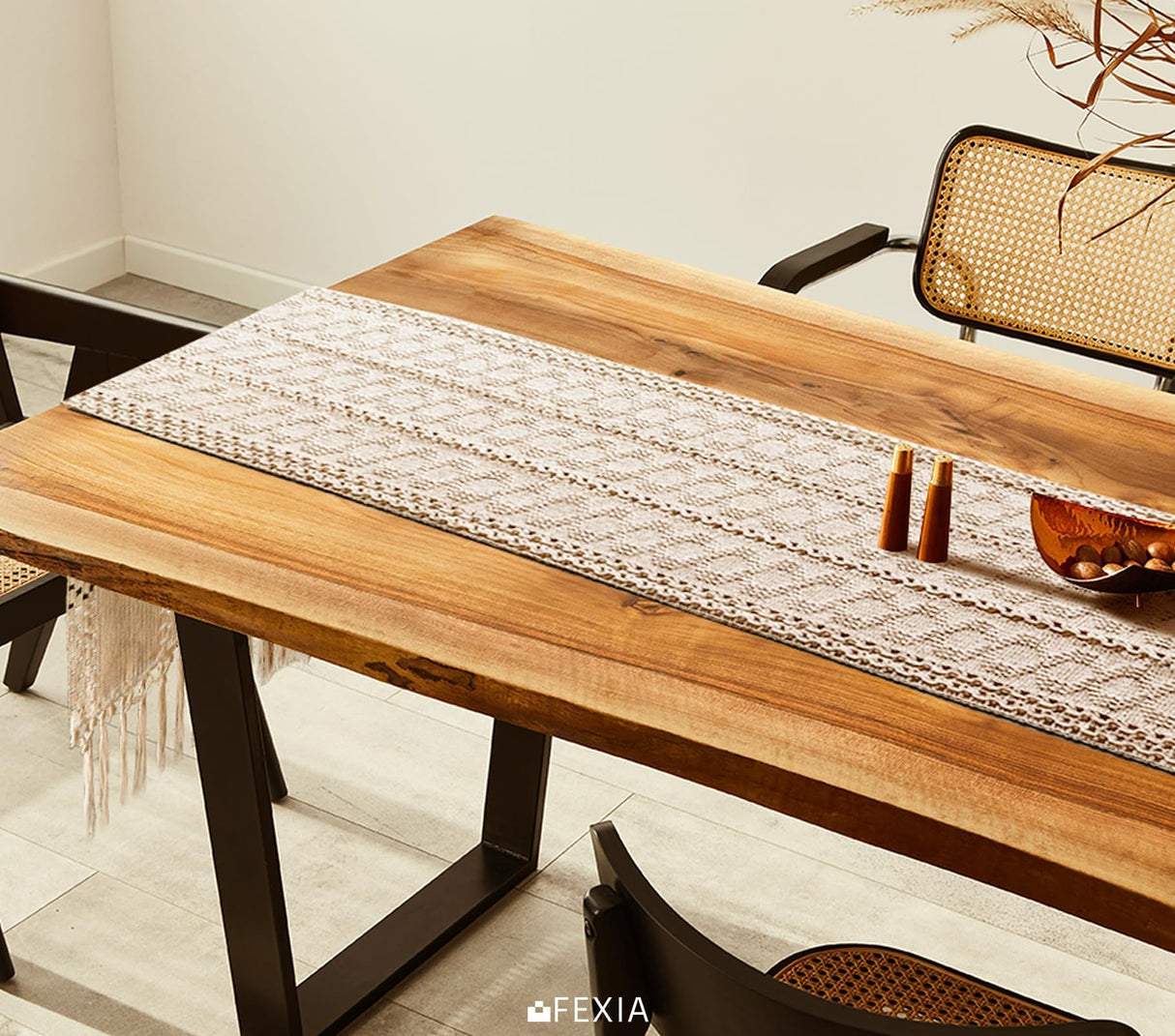 FEXIA Boho Macrame Table Runner with Tassels 36 Inches Long Cream for Farmhouse Home Decor Bohemian Dining Bedroom Decor Rustic Bridal Shower (12x36 Inches) FEXIA