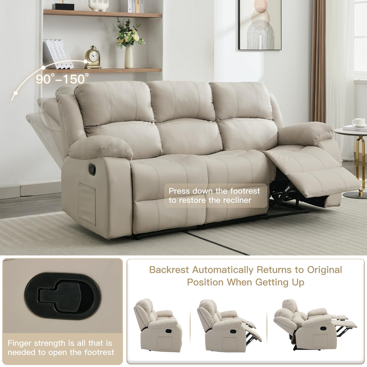 GNMLP2020 Reclining Couch Sleeper Sofa Set Chaise Lounge Chair Leather Recliner Couch Loveseat for Living Room, Theater Seating(3 Seat Sofa+Loveseat,Beige) GNMLP2020