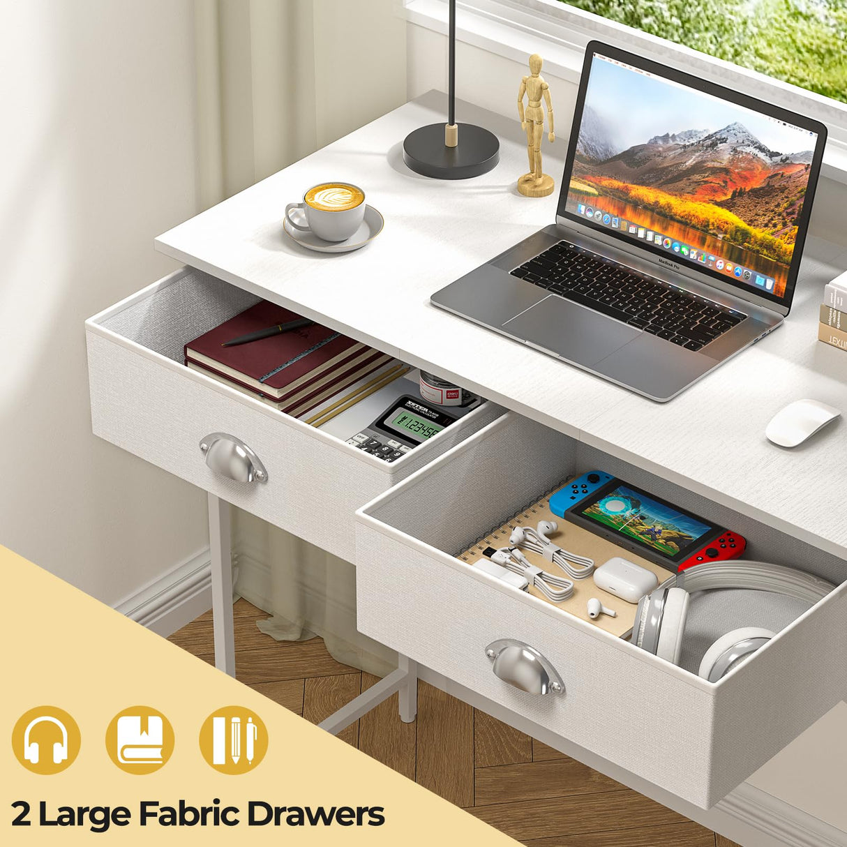 DAOUTIME Small Writing Desk for Kids Bedroom, 31.5 Inch Small Computer Desk for Small Spaces, Simple Desk with 2 Fabric Drawers for Home Office, Dorm, Living Room, Home Study Table, White DAOUTIME