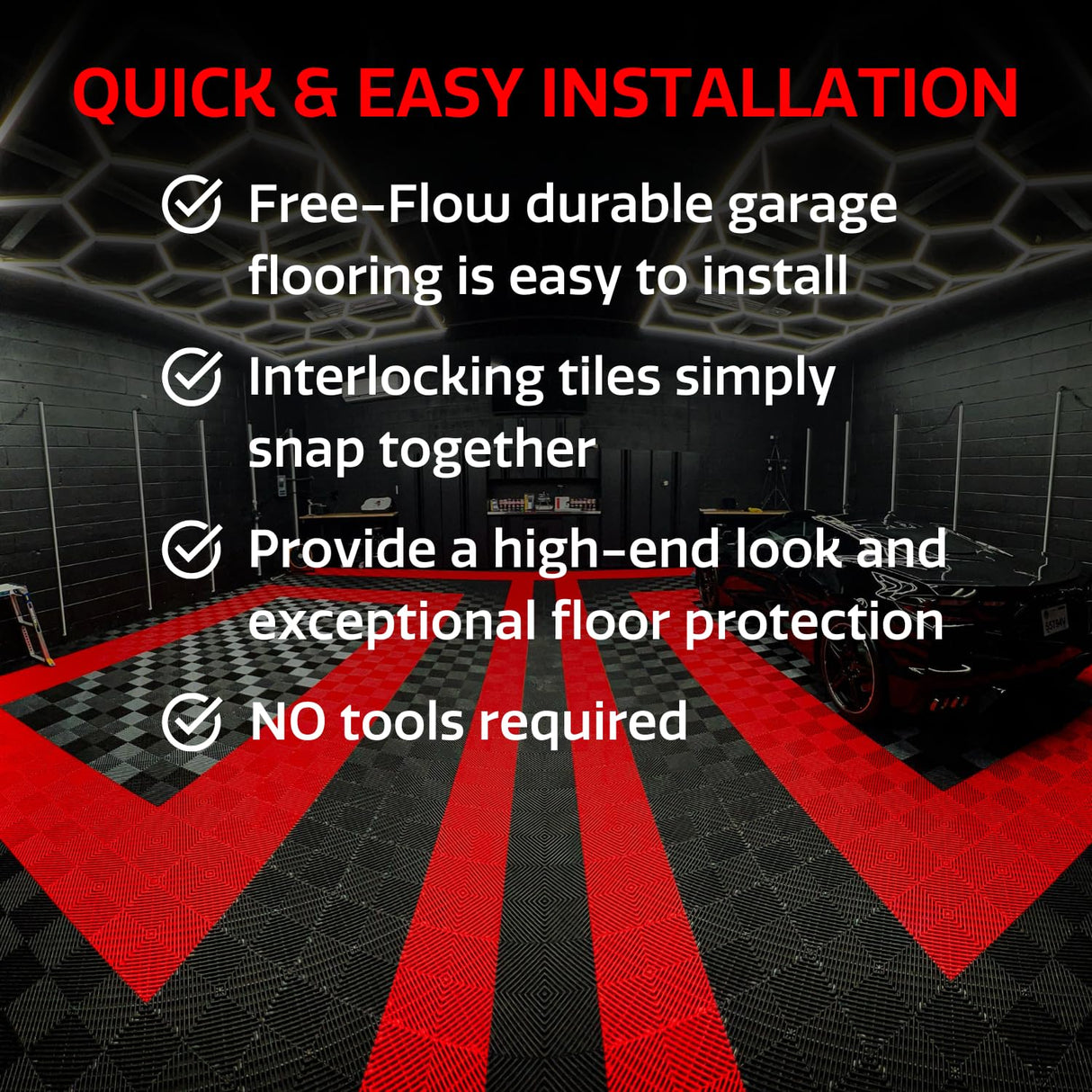 Big Floors RaceDeck Free-Flow Interlocking Garage Flooring Tiles, Non-Slip, Self-Draining, Heavy-Duty, High-Impact Copolymer, Easy Install (48 Pack), Black Big Floors