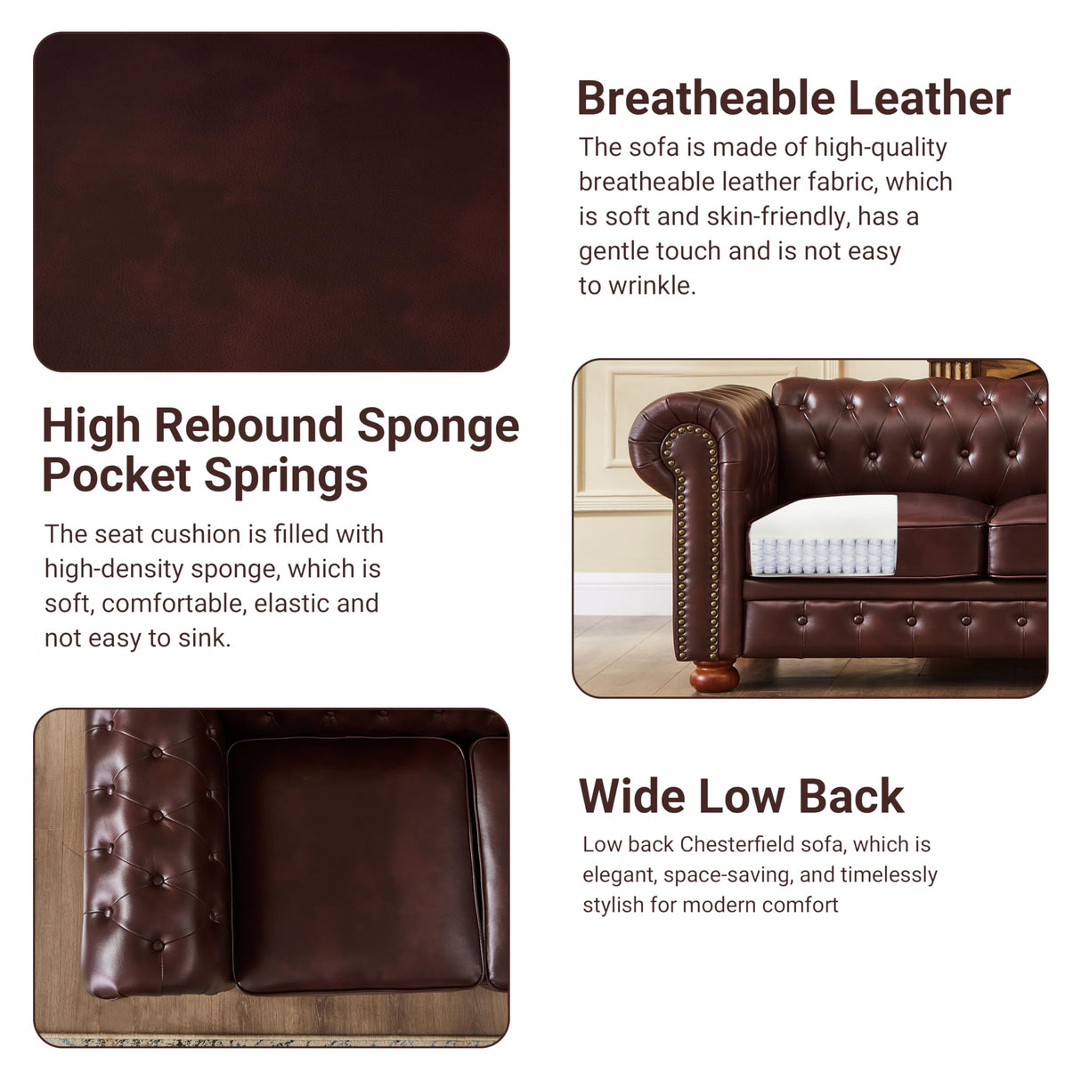 N NOORDENIYA Chesterfield Leather Sofa, 89" Mid Century Modern Couch with Low Back, Roll Arm Nailhead Trim Classic 3 Seater Couch for Living Room, Office, Apartment, PU Burgundy N NOORDENIYA