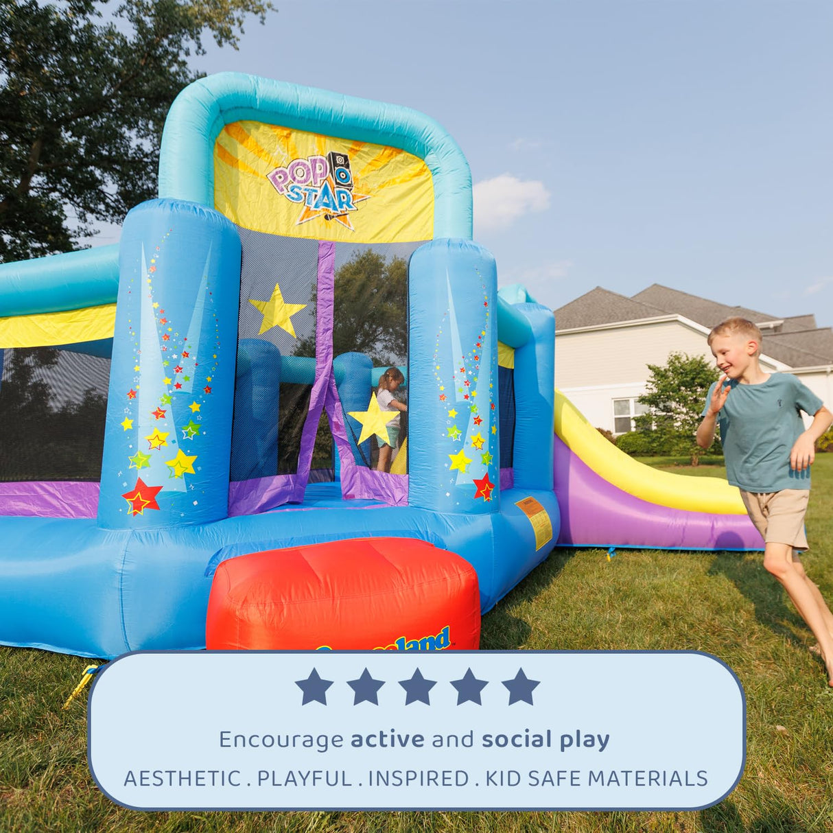 Bounceland Pop Star Inflatable Bounce House Bouncer, Large Bouncing Area with Long Slide, Climbing Wall, Basketball Hoop, UL 1HP Blower Included, 15 ft x 13 ft x 8.3 ft H, Pop Star Kids Party Theme Bounceland
