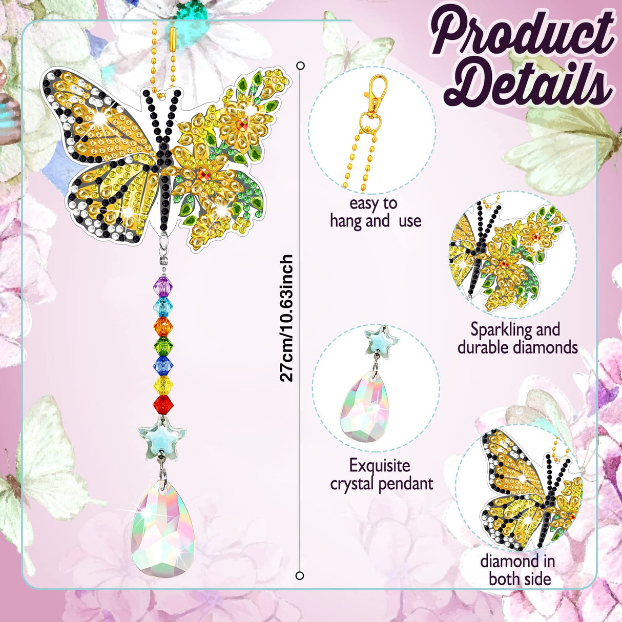 Tradder 6 Pcs Spring Butterfly Diamond Painting Wind Chimes Diamond Painting Suncatcher Art Kit Double Sided Butterfly Ornaments 5d Rhinestone for Spring Home Garden Tradder