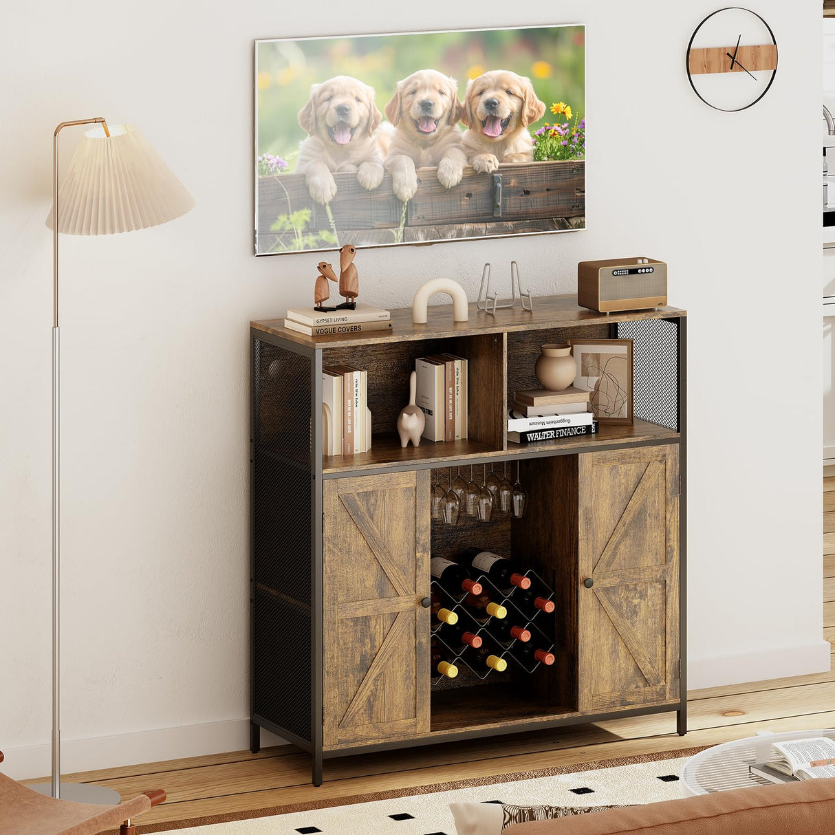 Redlife Wine Bar Cabinet with Power Outlets, Liquor Cabinet with LED Lights and Glass Holder, Industrial Storage Buffet Cabinet Coffee Bar Cabinet, Liquor Cabinet Bar Home, Bar Cabinet with Lights Redlifeᅟᅠ