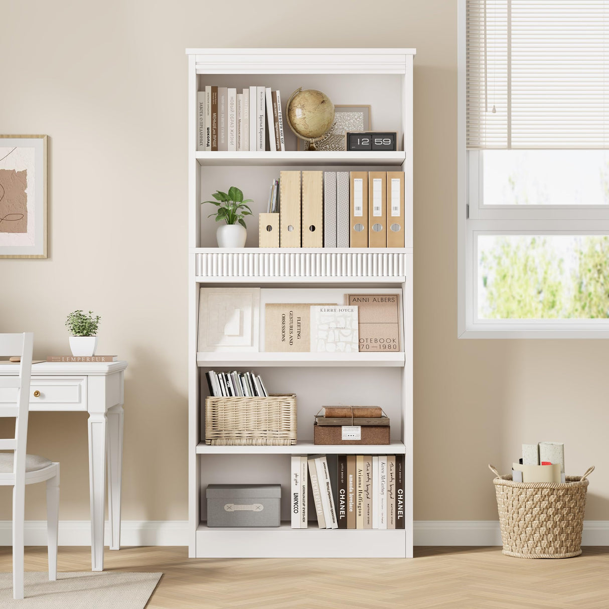 GarveeHome 71 in Farmhouse Bookcase w/Display Rack & Fluted Design, 5 Tier Tall Bookshelf with Wooden Base, Wood Bookshelf Vintage Book Shelf for Office Library (White, 71.5" H x 30.7" W x 11.9" D) GarveeHome