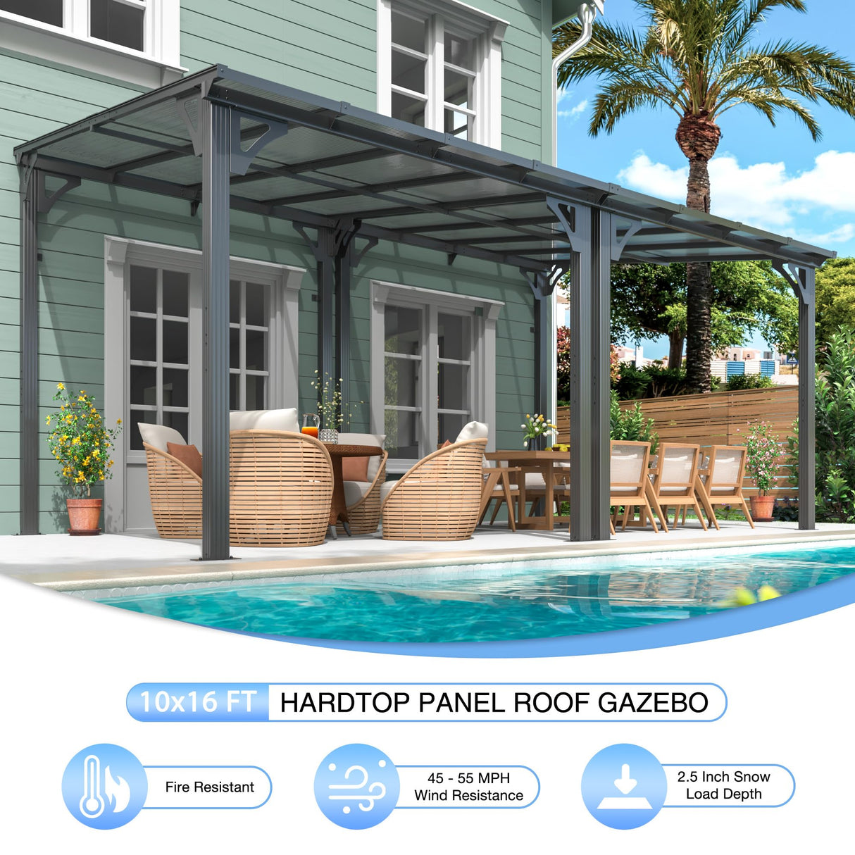 AirWire 10x16 FT Gazebo Pergola Awnings for Patio with Hardtop Gazebos on Clearance Patio Covers for Shade and Rain, Lean to Gazebo Sunroom Patio Canopy Outdoor Pergolas for Patios,Decks,Backyard AirWire