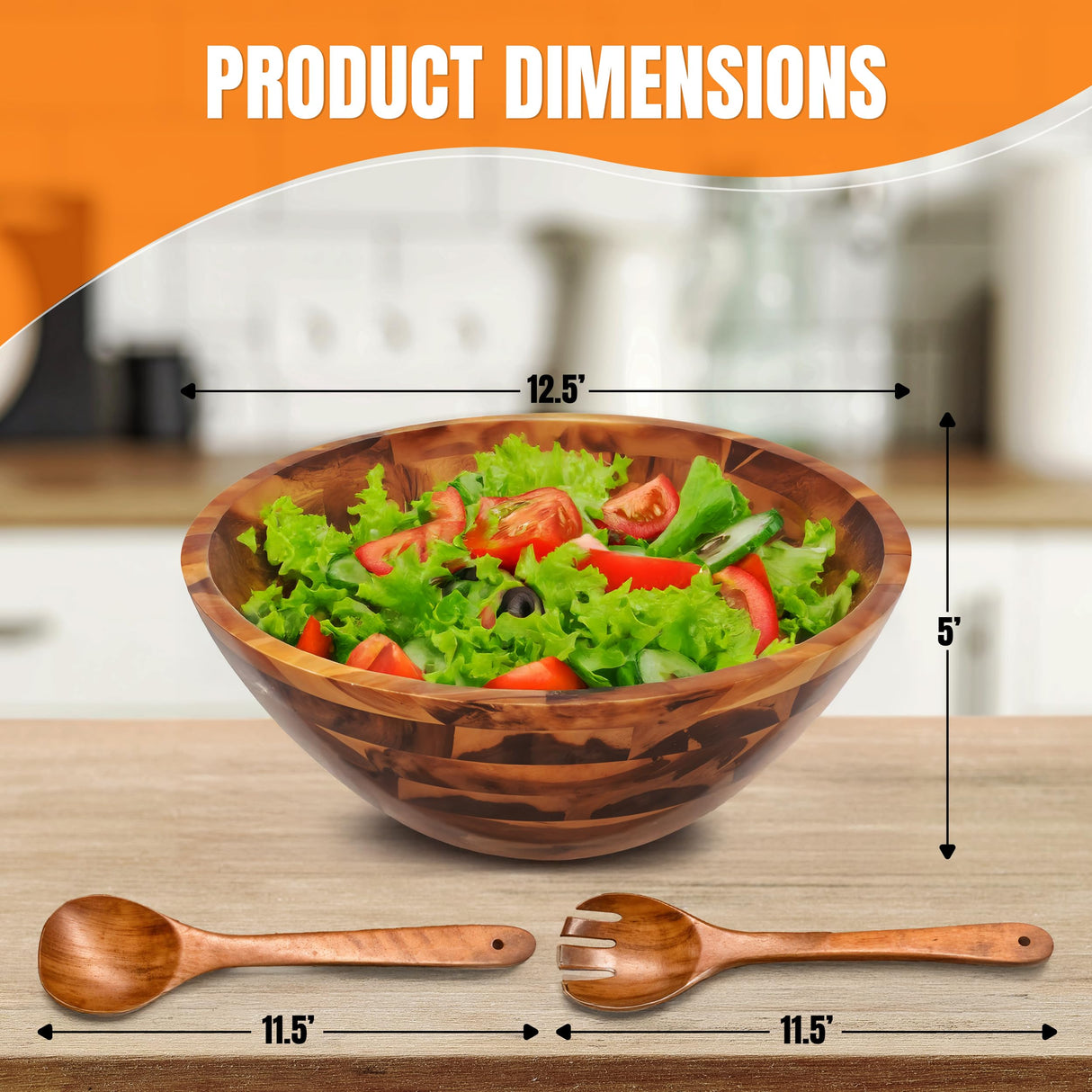 Acacia Wooden Salad Bowl with 2 Serving Spoons – Large Wood Fruit Bowl, Perfect for Salad, Popcorn, and Pasta, Ideal Housewarming Gifts for New Home, Rustic Wooden Serving Bowl Set Shalinindia