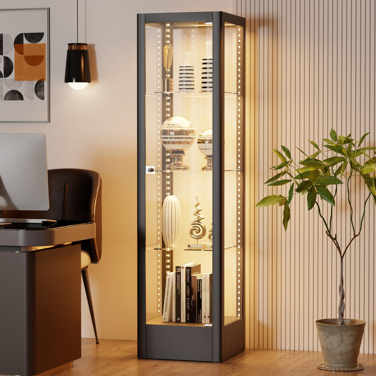 Desirable Life Glass Display Cabinet with 13-Color Light, 63" 4-Tier Curio Cabinet with Glass Door & Lock, Lighted Display Case with Adjustable Shelves for Collectibles Figures Trophy (Black) Desirable Life