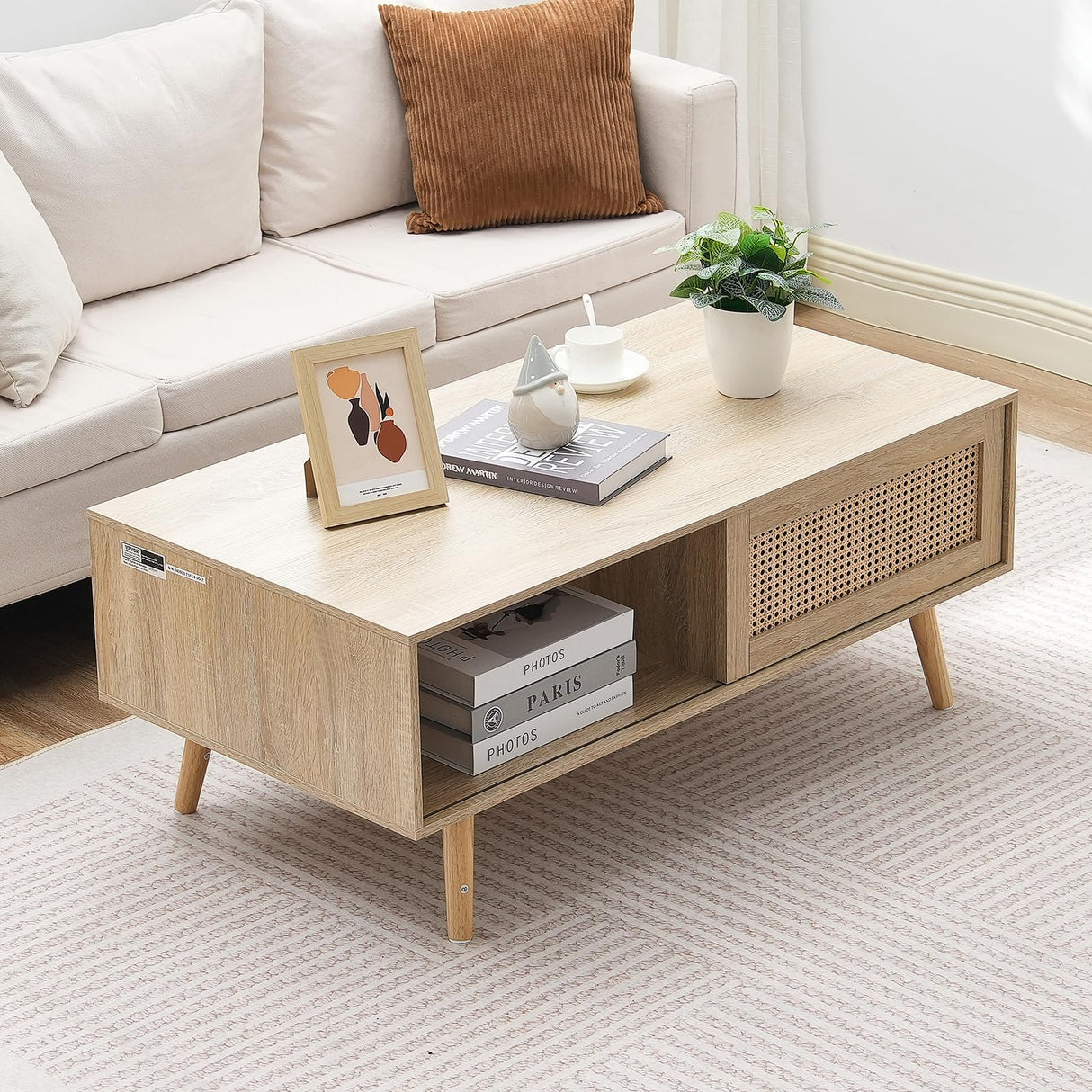 VEVOR Rattan Coffee Table, Mid Century Modern Coffee Table, Rectangle Wood Coffee Table, 42 Inch Modern Boho Style Two Layers Storage Coffee Table, for Living Room, Bedroom & Small Spaces VEVOR