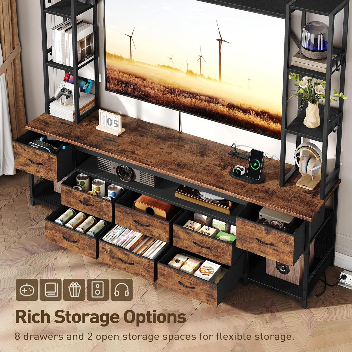 RALGEND TV Stand with Power Outlets to 65 Inches, LED Large Wall Unit Entertainment Center with Bookshelf, Dresser TV Stand with 8 PU Drawer, for Living Room, Bedroom, Rustic Brown and Black RALGEND