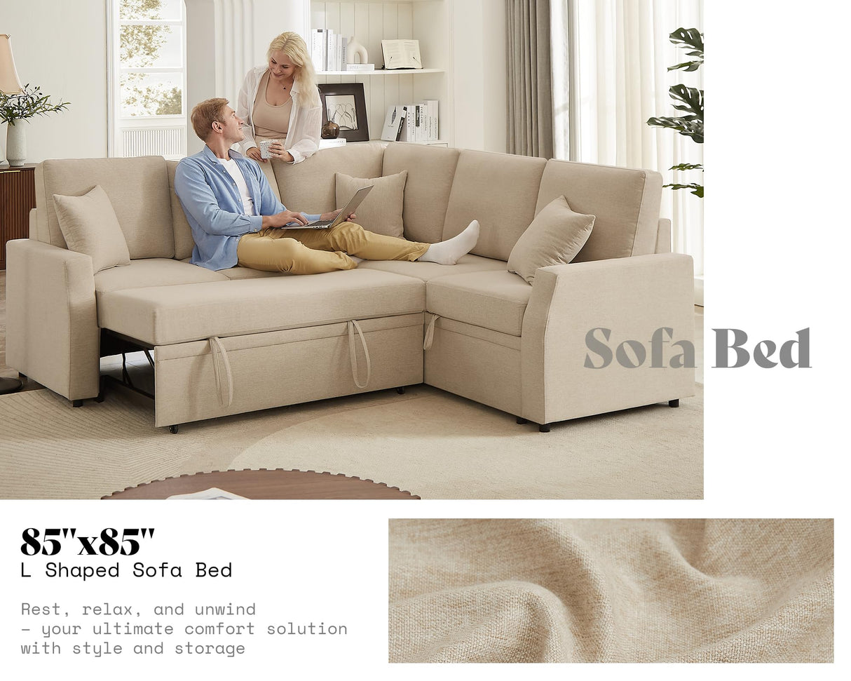 AMERLIFE 85 Inch Sofa Bed, Oversized L Shape Couch with Pull Out Bed & Storage Seat, Oversized Reversible Sleeper Sofa for Living Room Apartment, Beige Linen Couch AMERLIFE
