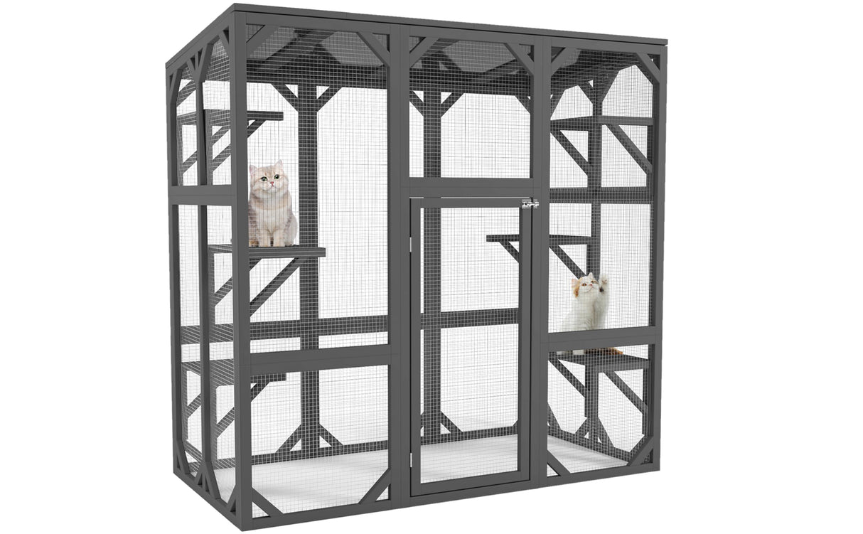 YOPTO 59" Wooden Catio Enclosure Outdoor Cat House with Anti-UV& Waterproof, Platforms and Resting Boxes Walk-in Cat Kennel Shelter for Indoor,Dark Grey Ball & Cast