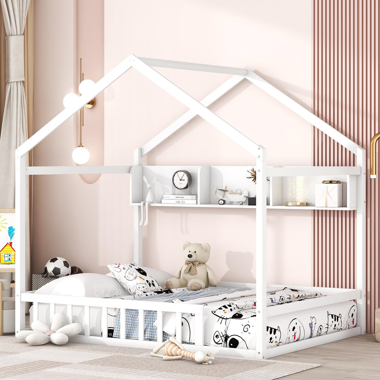 Bellemave Wooden Montessori Full Size House Bed with Fence Railings and Storage Shelf in White Bellemave