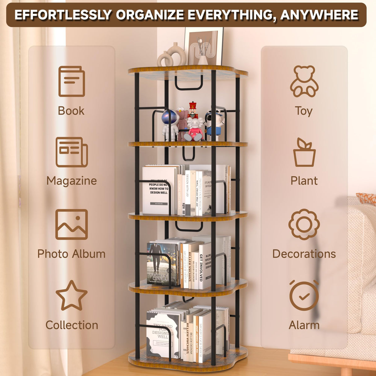 TEROL 4-Tier Rotating Book Shelf, 360° Display Spinning Bookshelf Tower, Book Organizer, Floor Standing Bookcases for Small Space, Corner Book Shelf for Bedroom, Living Room, Study Room (RUSTIC BROWN) TEROL