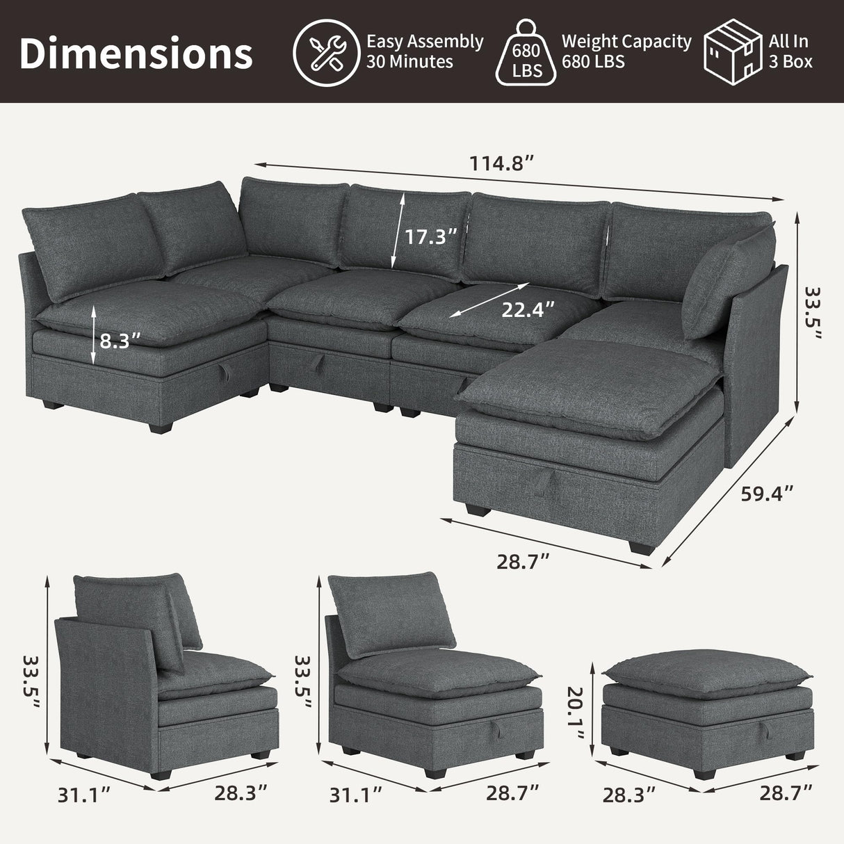 NicoHali Large Sectional Couches for Living Room, Modular Sectional Sofa Couch Set, Convertible U/L Shaped Sofa Couch with Storage, Cloud Sofas for Living Room(Dark Grey) NicoHali