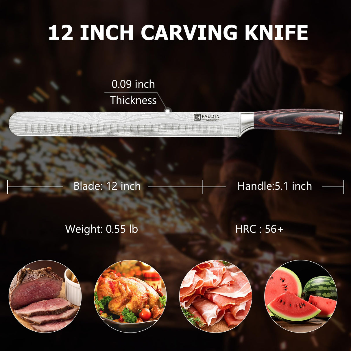 PAUDIN Brisket Knife, 12 Inch Stainless Steel Carving Knife with Granton Edge for Meat Cutting, Roasts, BBQ, Turkey PAUDIN