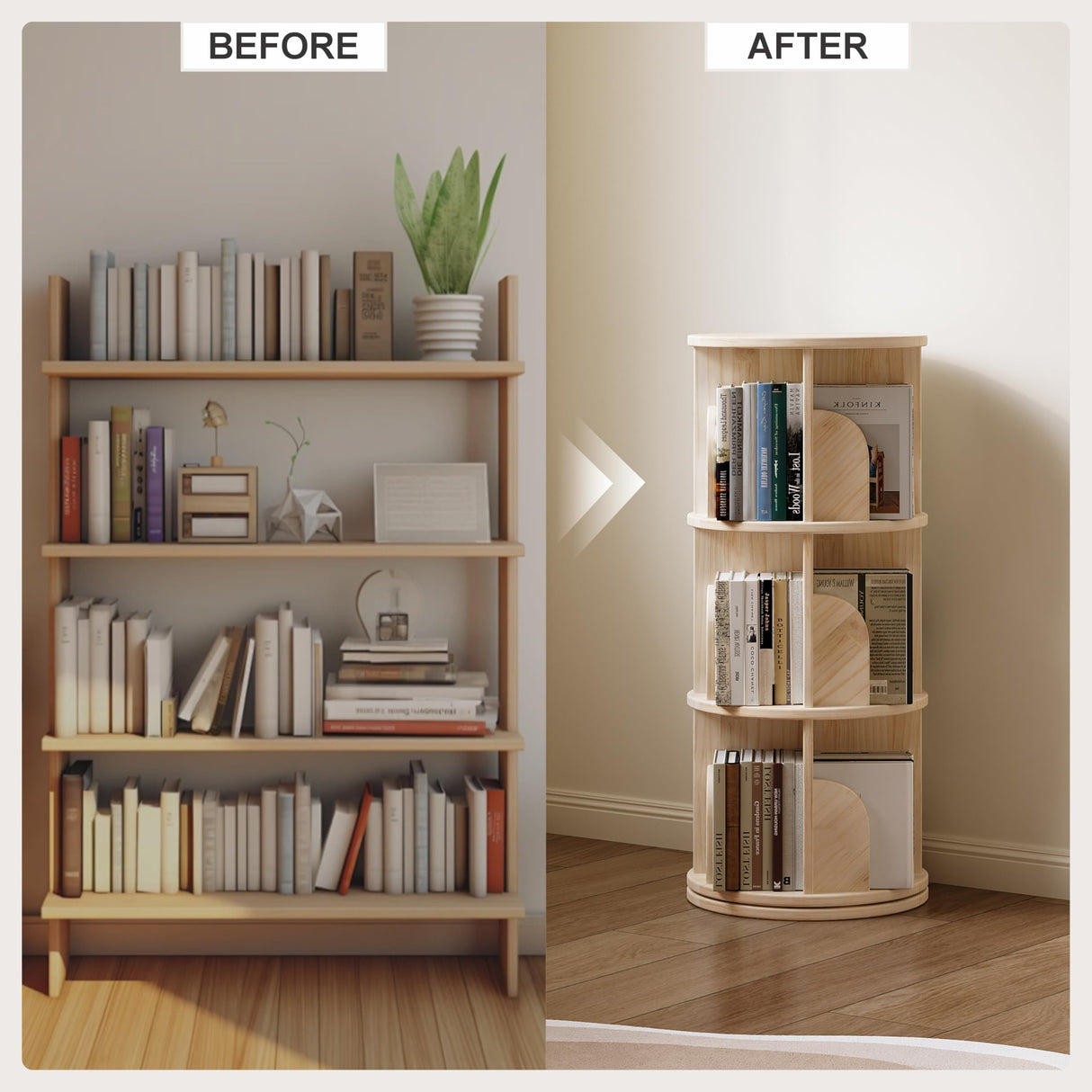 ZeeFu Rotating Bookshelf, 3 Tier 360° Spinning Bookcase Lazy Susan Tower, Multi-Functional Standing Book Shelf Storage Round Carousel for Kids&Adults, Bedroom, Living Room, Study Room, Small Space ZeeFu