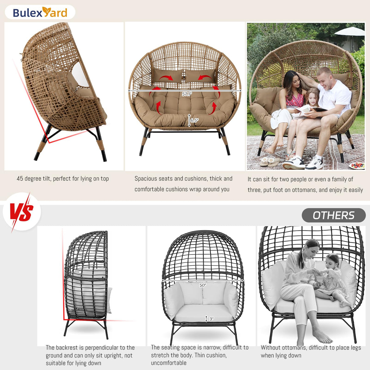 BULEXYARD Double Egg Chair Indoor Outdoor 680lbs, 2 Person Brown Wicker Oversized Stationary Egg Chair with Brown Thick Cushion, Patio Wide Lounge Loveseat with Legs for Balcony, Porch BULEXYARD