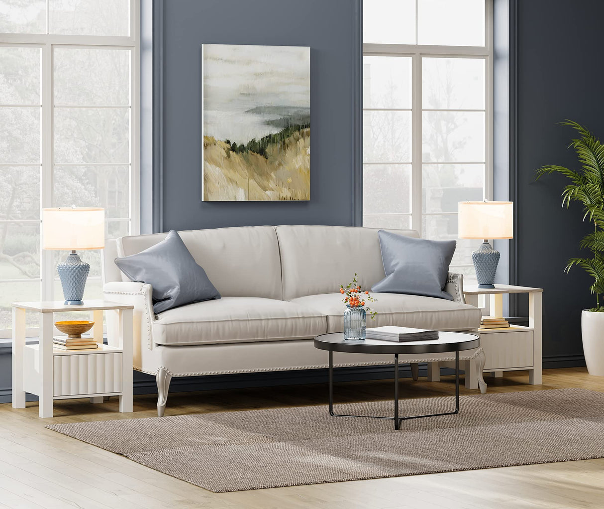 WAMPAT Living Room Table Set of 3, Modern Fireplace TV Stand for 75 inch TV with 5 Storages, 2 Wood End Table LED Night Stand with Door for Living Room, Bedroom, White WAMPAT