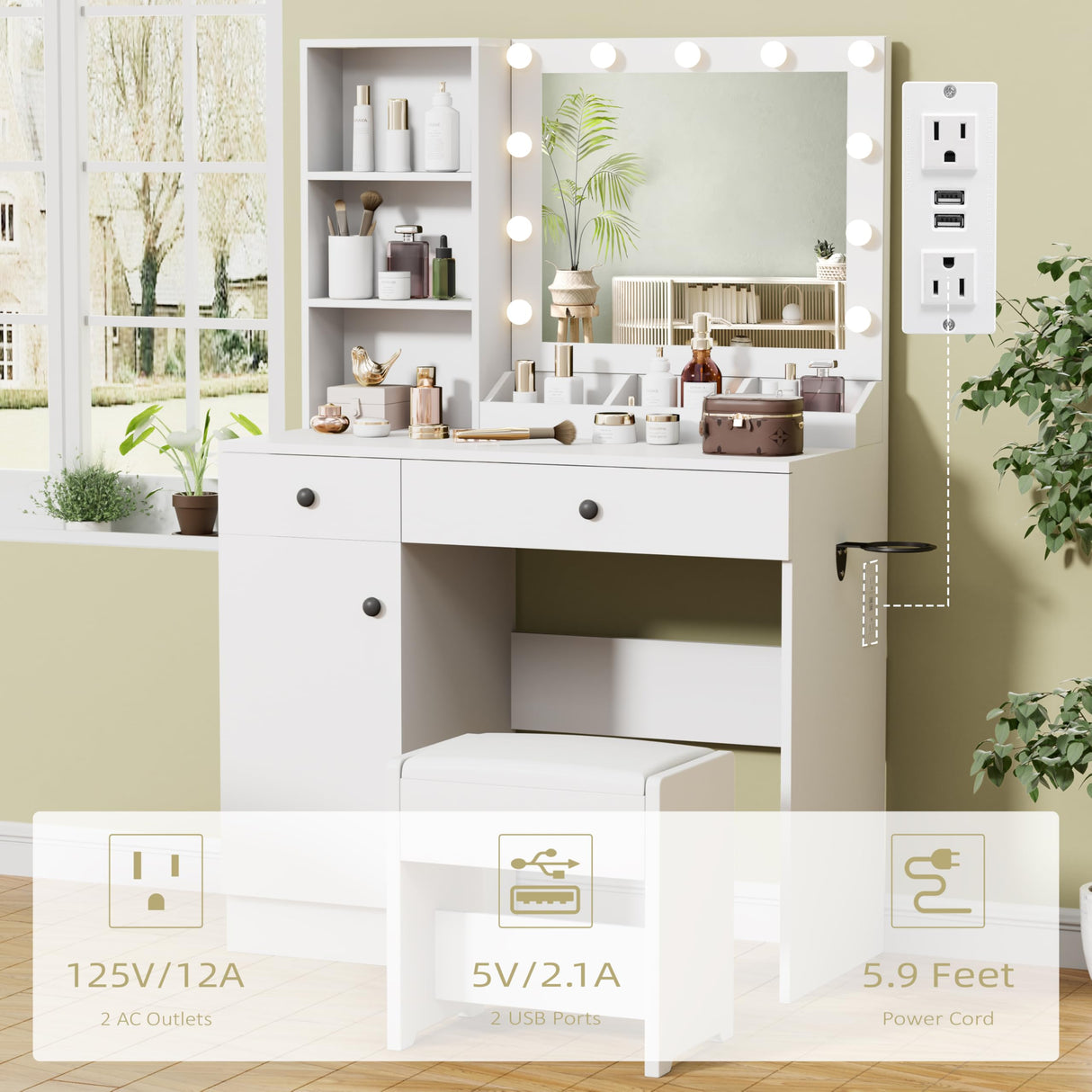 Esmlada Makeup Vanity Desk with Mirror and Lights, White Vanity Table and Chair Set with Power Outlets, 2 Drawers and 1 Cabinet for Girls Bedroom Esmlada