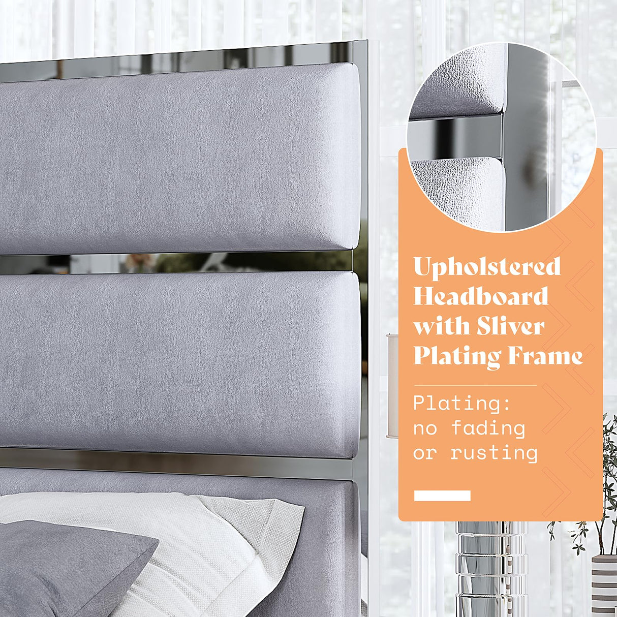 AMERLIFE 59" King Size Bed Frame, Velvet Upholstered Bed with Silver Trim Headboard & Footboard, Channel Tufted Platform Bed Frame, No Box Spring Needed/Light Grey AMERLIFE