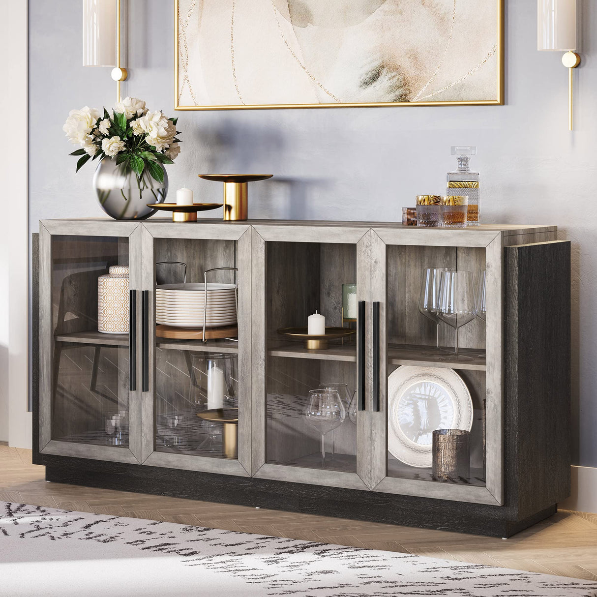 BELLEZE Sideboard Buffet Cabinet, Modern Wood Glass-Buffet-Sideboard with Storage, Console Table for Kitchen, Dining Room, Living Room, Hallway, or Entrance - Brixston (Grey) BELLEZE