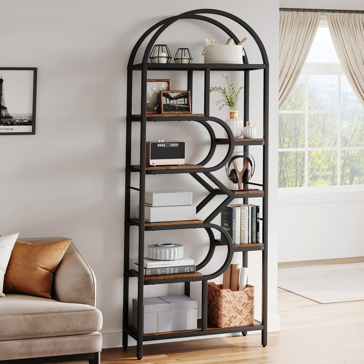IDEALHOUSE Bookshelf 6 Tier Arched Bookcase 81.7in Tall Display Racks Geometric Open Storage Shelf Unique Book Rack Metal Frame Large Modern Book Shelf for Bedroom, Living Room, Home Office IDEALHOUSE
