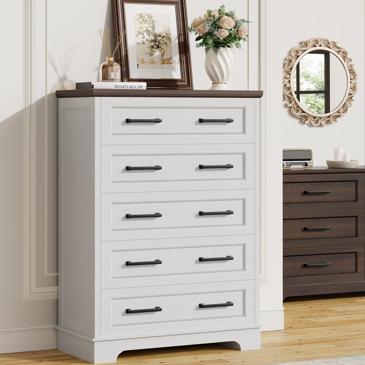 Furmax Farmhouse Dresser for Bedroom, 5 Drawers Dresser, Wood Chest of Drawers, 31.5" Wide Storage Dressers Organizer for Bedroom, Living Room (White and Brown) Furmax
